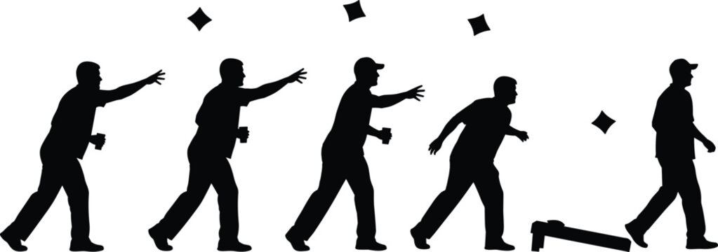 Cornhole throwing motion silhouette sequence with bean bag toss, dynamic player gestures, and game board in sporty vector style.