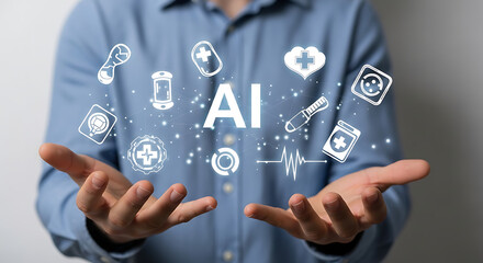 AI's Grip on Health: A visual metaphor where hands cradling medical icons symbolizing the future of medicine, health, and cutting-edge medical technologies