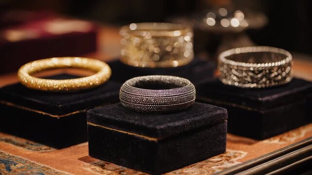 Medium shot capturing luxurious bracelets stacked on velvet pads highlighting metalwork and texture during the auction.