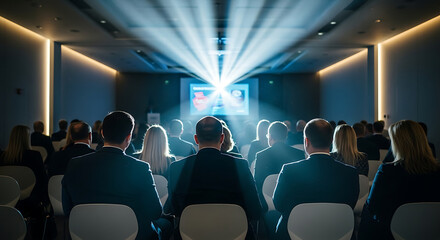 Illuminating Insights: A captivated audience immersed in a presentation, under the beam of a spotlight in a modern conference room, symbolizing knowledge and engagement.