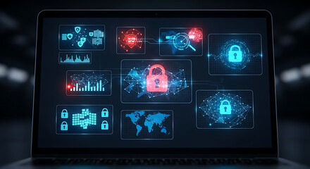 Cybersecurity Alert: A laptop screen displays intricate digital security interfaces, showcasing the ever-evolving landscape of digital protection and cyber defense. 