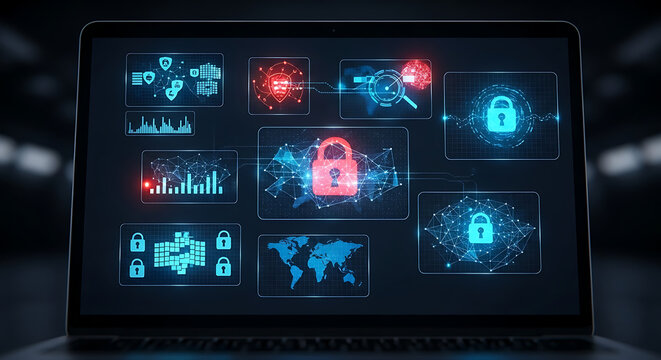 Cybersecurity Alert: A laptop screen displays intricate digital security interfaces, showcasing the ever-evolving landscape of digital protection and cyber defense. 