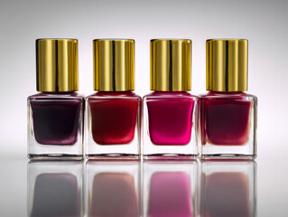 Obraz premium A row of elegant square glass bottles filled with various shades of red and purple nail polish featuring shiny gold caps reflecting on a smooth surface