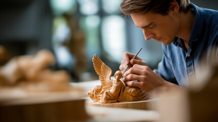 Individual meticulously carving detailed angel statue faceless craftsman defocused workshop background focused concentration scene woodworking craftsmanship expertise artistic
