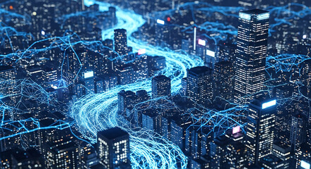 Digital Cityscape: An abstract view of a futuristic metropolis, where data streams illuminate the night, revealing the city's interconnected network.