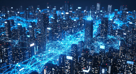 City of Connectivity: A vibrant cityscape pulses with digital life, illuminated by a web of interconnected data streams that weave through a forest of towering skyscrapers.