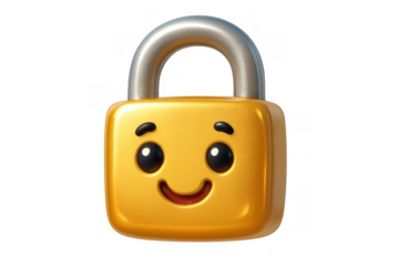 Golden padlock icon with a smiling face expressing safety, digital encryption, and a protected online experience on a transparent background