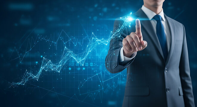 Digital Frontier: An elegant executive in a tailored suit gestures toward a luminous digital interface, signaling innovation and a strategic vision for the future.