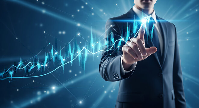 Financial Mastery: A distinguished figure in a business suit elegantly interacts with a holographic representation of the stock market, symbolizing financial acumen and market analysis.