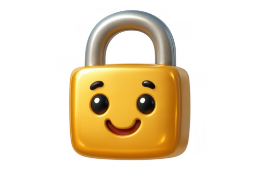 Golden padlock icon with a smiling face expressing safety, digital encryption, and a protected online experience on a transparent background