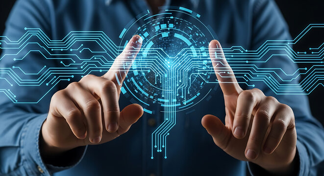Digital Interaction: A person interacting with a futuristic digital interface, touching a glowing digital network to demonstrate the power of modern technology.