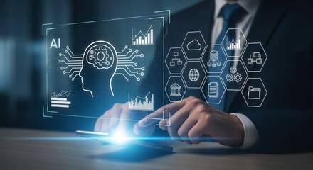 Businessman Using Smartphone with AI Brain and Gear Hologram Interface