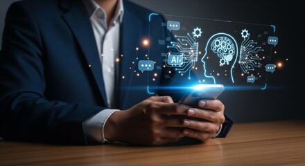 Businessman Using Smartphone with AI Brain Hologram and Digital Interface Icons