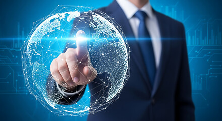 Global Digital Touch: A modern professional in a sophisticated business suit, uses a finger to make contact with a digital representation of the world.
