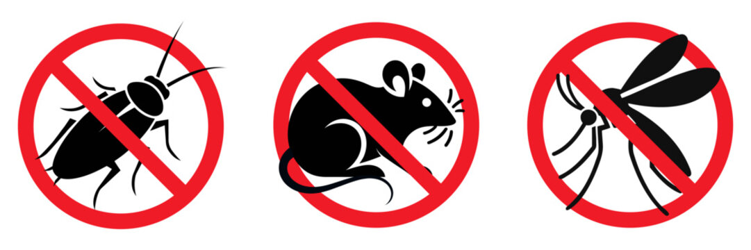 Black silhouette of insect pests . Stop insects sign. Mosquito, rat, cockroach in red forbidding circle, flea insect. vector