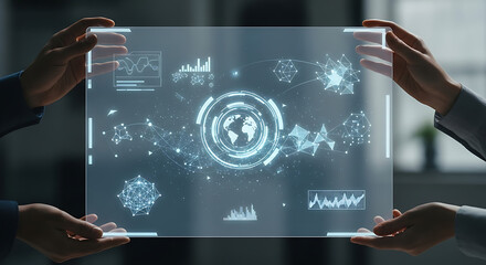 Innovation and Insight: Two hands delicately hold a transparent screen displaying a network of interconnected data visualizations.