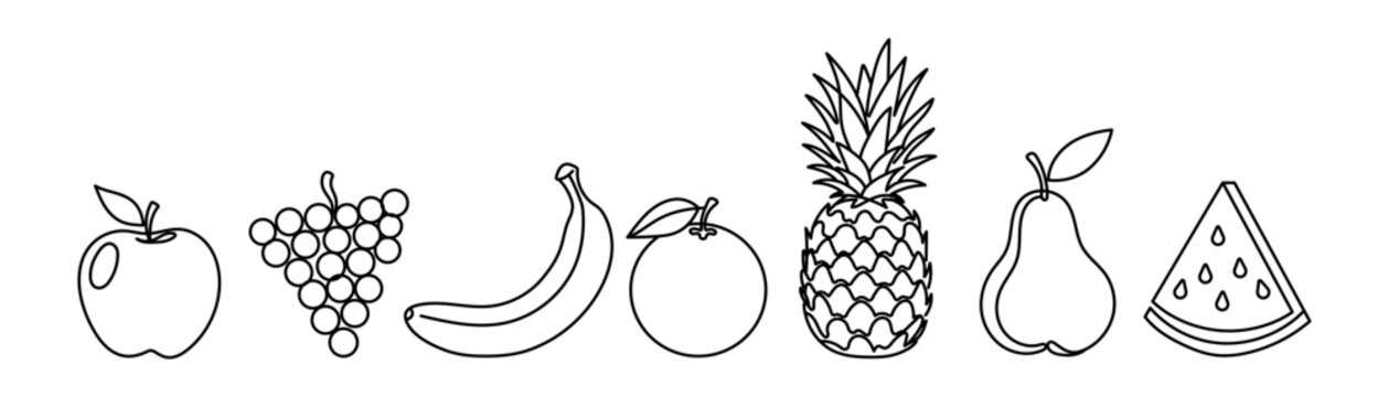 Line fruits on a white background. Continuous line echo pineapple banana, citrus fruit, pear and graphe, trends monoline healtii food. Editable stroke