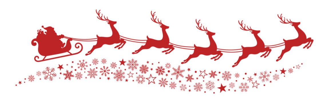 Santa Claus rides in a sleigh in harness on the reindeer