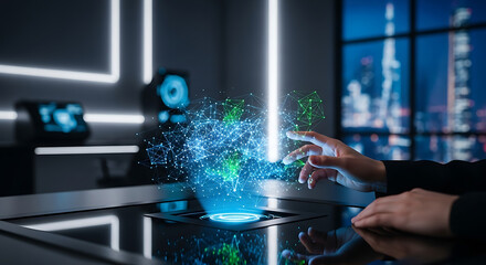 Interactive Hologram Technology: A person's hand interacts with an intricate, glowing holographic display, unveiling a futuristic world of innovation and information in a modern office.