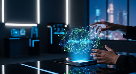 Innovation and Future: A person's hand interacts with a holographic representation, in a sleek modern office, symbolizing innovation and the future of technology and a futuristic workplace. 