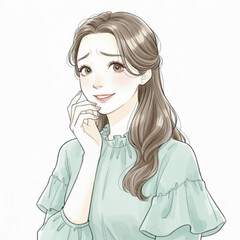 Young woman with brown hair smiling shyly isolated on white background