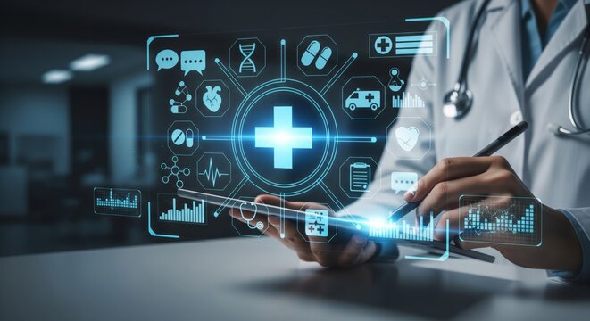 Doctor Using Digital Tablet with Futuristic Medical Interface and Healthcare Icons