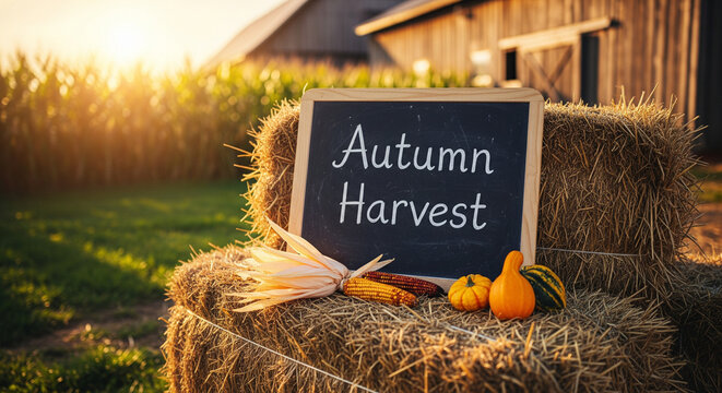 Autumn Harvest display on straw bale with chalkboard sign, corn, gourds, pumpkin. Perfect for Thanksgiving or fall season promotion, postcard, ad or event announcement.