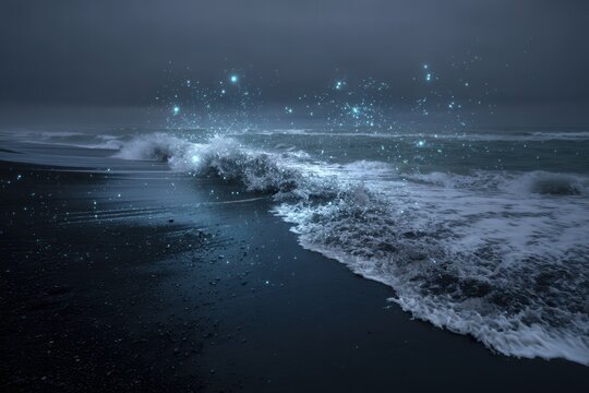 Frozen mid-crash, waves break on a black sand beach as icy conditions create an unusual coastal scene at twilight