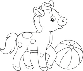 Cute little foal playing with a striped ball, black and white outline vector cartoon illustration for a coloring book