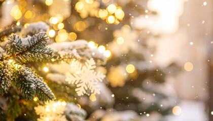 banner decorativo elegante y tarjeta para felicitacion y publicidad de navidad con textura de abeto, nieve con iluminación cálida y reflejos dorados