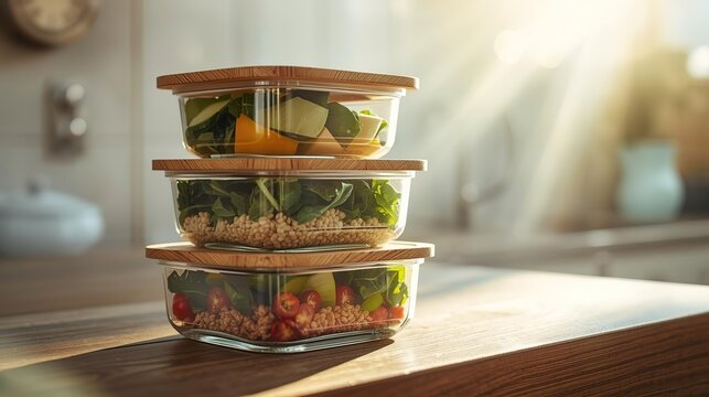 Stack of eco-friendly glass meal prep containers with bamboo lids filled with fresh vegetables and grains. Sustainable food storage, healthy eating, zero waste kitchen, organized meal planning concept - Powered by Adobe