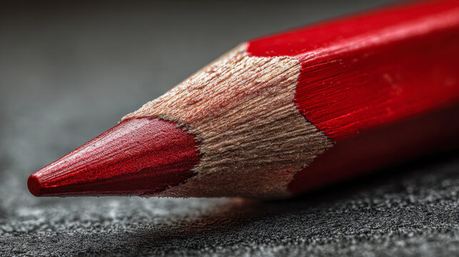 Macro photography of a sharpened red colored pencil tip showcasing detailed wood texture and vibrant pigment on a textured dark surface background - Powered by Adobe