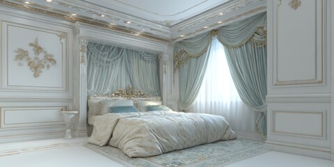 Ornate bedroom with white walls and blue curtains and a large bed in a bright and luxurious space