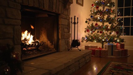 Static close-up of cozy fireplace, decorated Christmas tree with colorful blinking lights and gift boxes, dim lighting