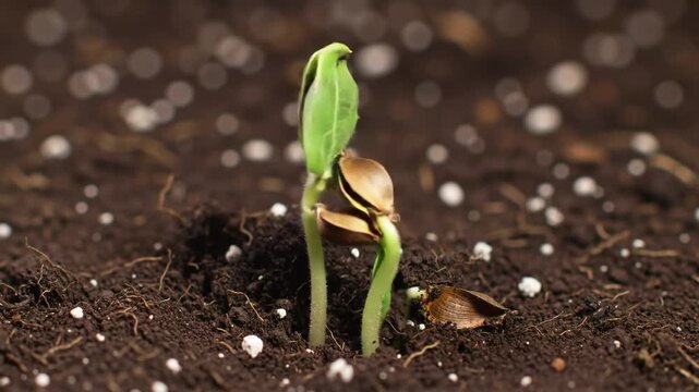 Two small green sprouts emerging from dark soil with seed husks seedling germination