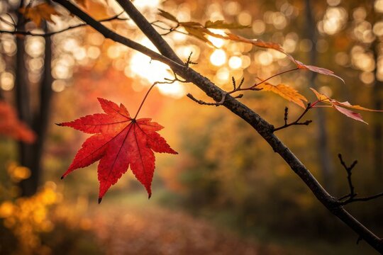Vibrant red maple leaf hanging from a branch in a sunlit autumn forest