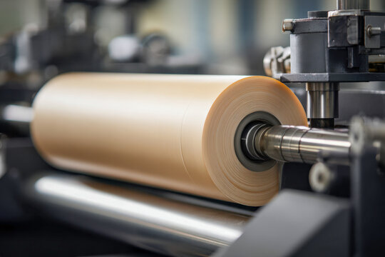 Industrial paper roll spinning on high-speed machinery in a modern manufacturing plant for packaging and printing applications