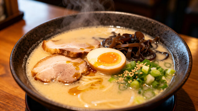 A close-up shot of steaming Japanese tonkotsu ramen featuring a rich, creamy broth, tender chashu pork slices, soft-boiled ajitama egg, fresh green onions, sesame seeds, and wood ear mushrooms, served - Powered by Adobe