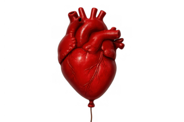 Human heart anatomy forming a red balloon, floating, symbolizing love, passion, and emotional lightness on transparent background