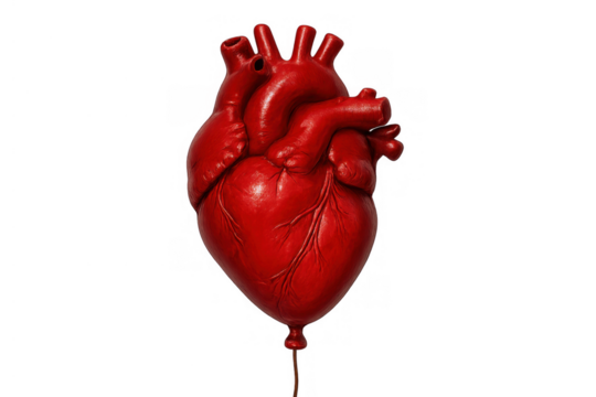 Human heart anatomy forming a red balloon, floating, symbolizing love, passion, and emotional lightness on transparent background