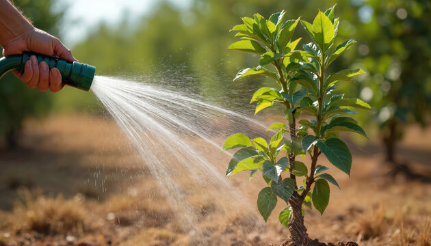 Hand holds garden hose watering young tree sapling in orchard. Water sprays creating shiny droplets. Growing plants need care and moisture for healthy development. - Powered by Adobe