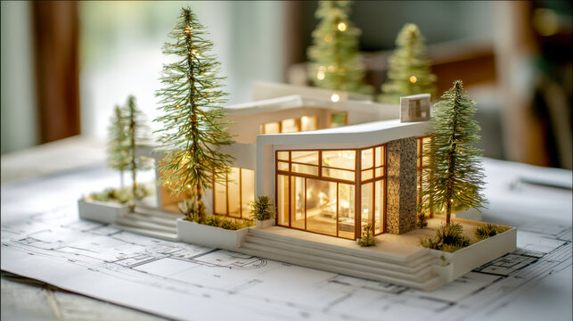 Detailed illuminated architectural model of a modern home with tall trees and landscaping placed on blueprints showcasing innovative residential design concepts