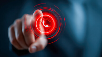 Businessman pressing a futuristic red digital call button in a virtual interface representing advanced communication technology and connectivity concepts