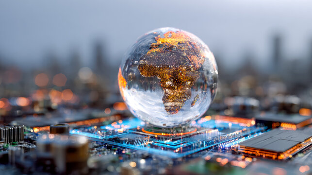 Digital globe hovering over a futuristic circuit board representing global technology connectivity - Powered by Adobe