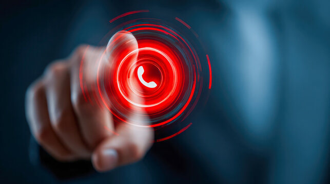 Businessman pressing a futuristic red digital call button in a virtual interface representing advanced communication technology and connectivity concepts
