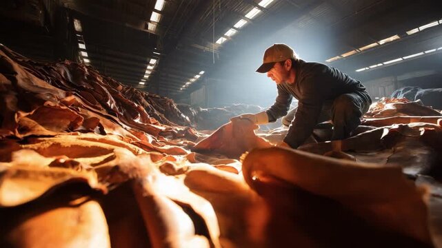 Worker inspects leather treated with biodegradable agents in natural light demonstrating the environmental benefits of heavy metalfree tanning processes.