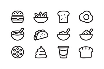 Snack bowl, burger, taco, and dessert icons for culinary design use