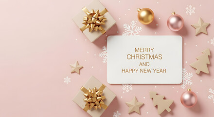 Merry Christmas Happy New Year Card Template on Pastel Pink Background with Gold Gifts Baubles Stars and Decorative Snowflakes Flat Lay