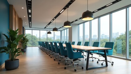 Modern conference room interior features long wood table, many blue chairs. Large windows offer city view with green trees. Bright office meeting space ready for business, corporate work, team