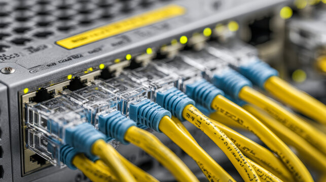 Network switch panel with multiple yellow and blue ethernet cables connected, showcasing data transfer and connectivity in a modern server environment